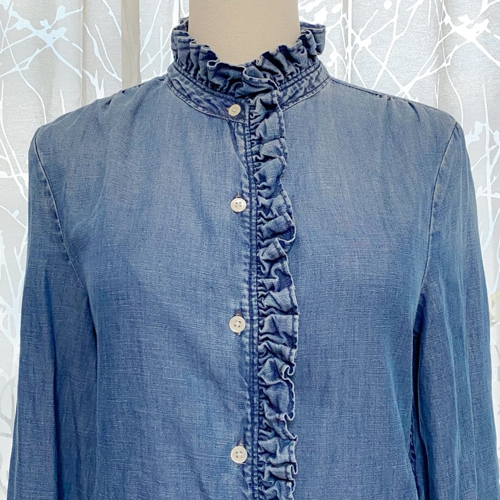 FRAME DENIM BLUE JEAN RUFFLE LONG SLEEVE BUTTON DOWN SHIRT DRESS - Picture 3 of 8